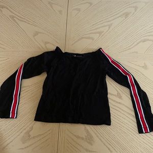 Long sleeve with red and white stripe on sleeve.